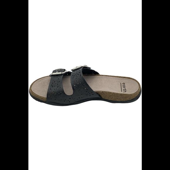 Earth Perforated Leather Slide Sandals Sand Antigua Black - Medium - Picture 2 of 5
